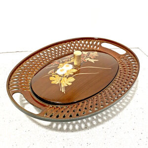 Vintage Asian Faux Wood Lacquer Lattice covered candy dish mid century floral